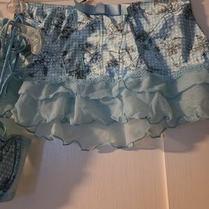 Fredericks Of Hollywood Floral Blue Ruffled Skirt Thong And Bra Set